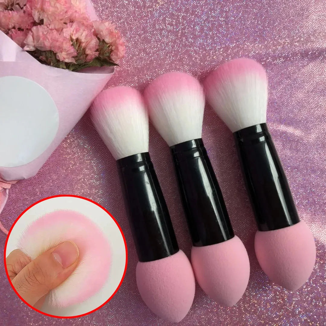 Professional Double-Sided Blush & Foundation Brush – Cosmetic Powder Puff and Makeup Sponge Combo